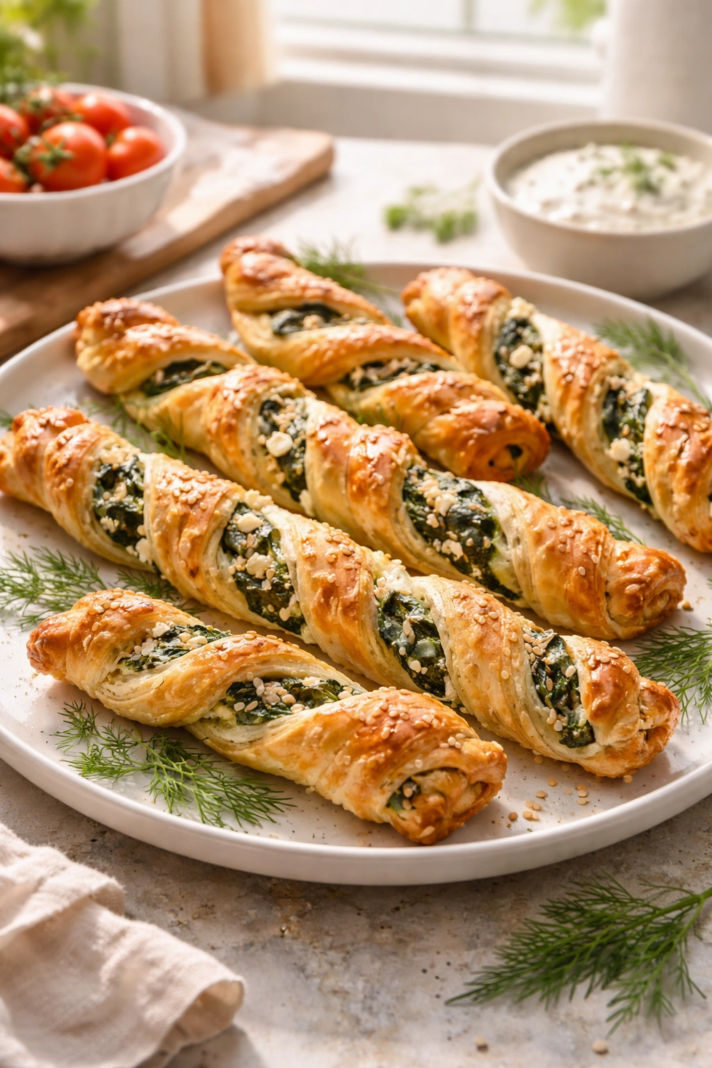 Golden spinach and feta puff pastry twists on a plate