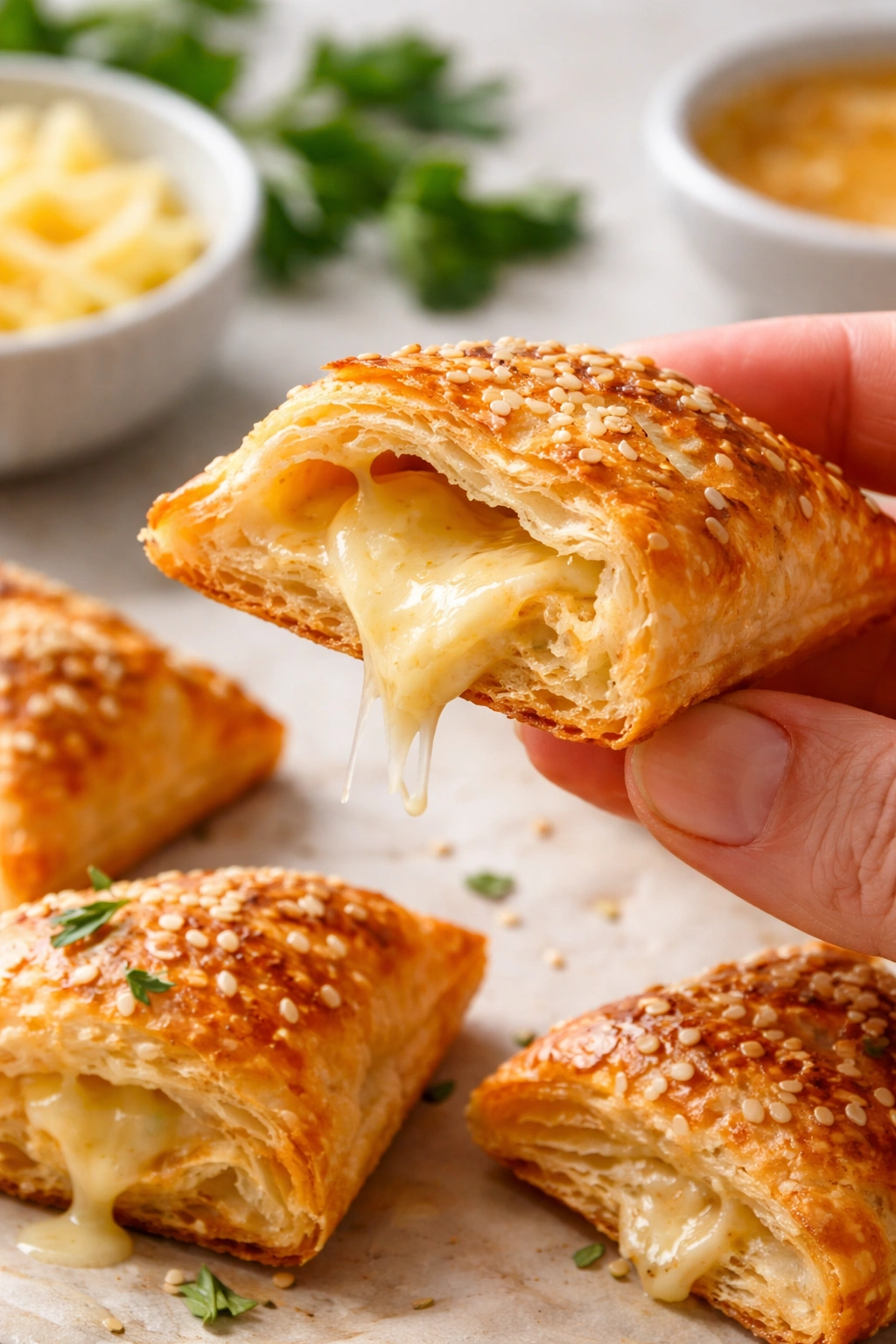 Puff pastry bite with melted vegan cheese on a neutral background