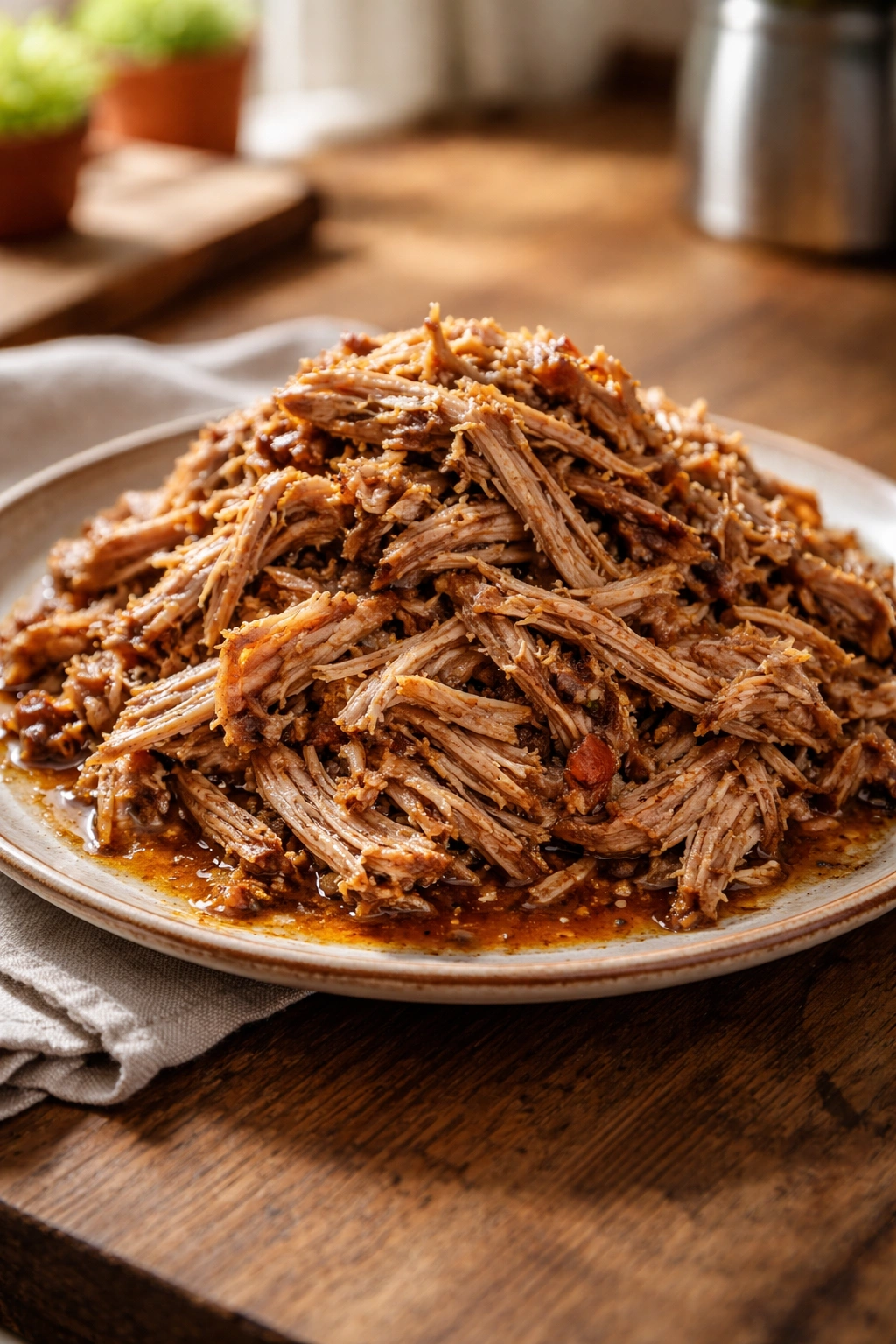Shredded pulled pork piled on a plate