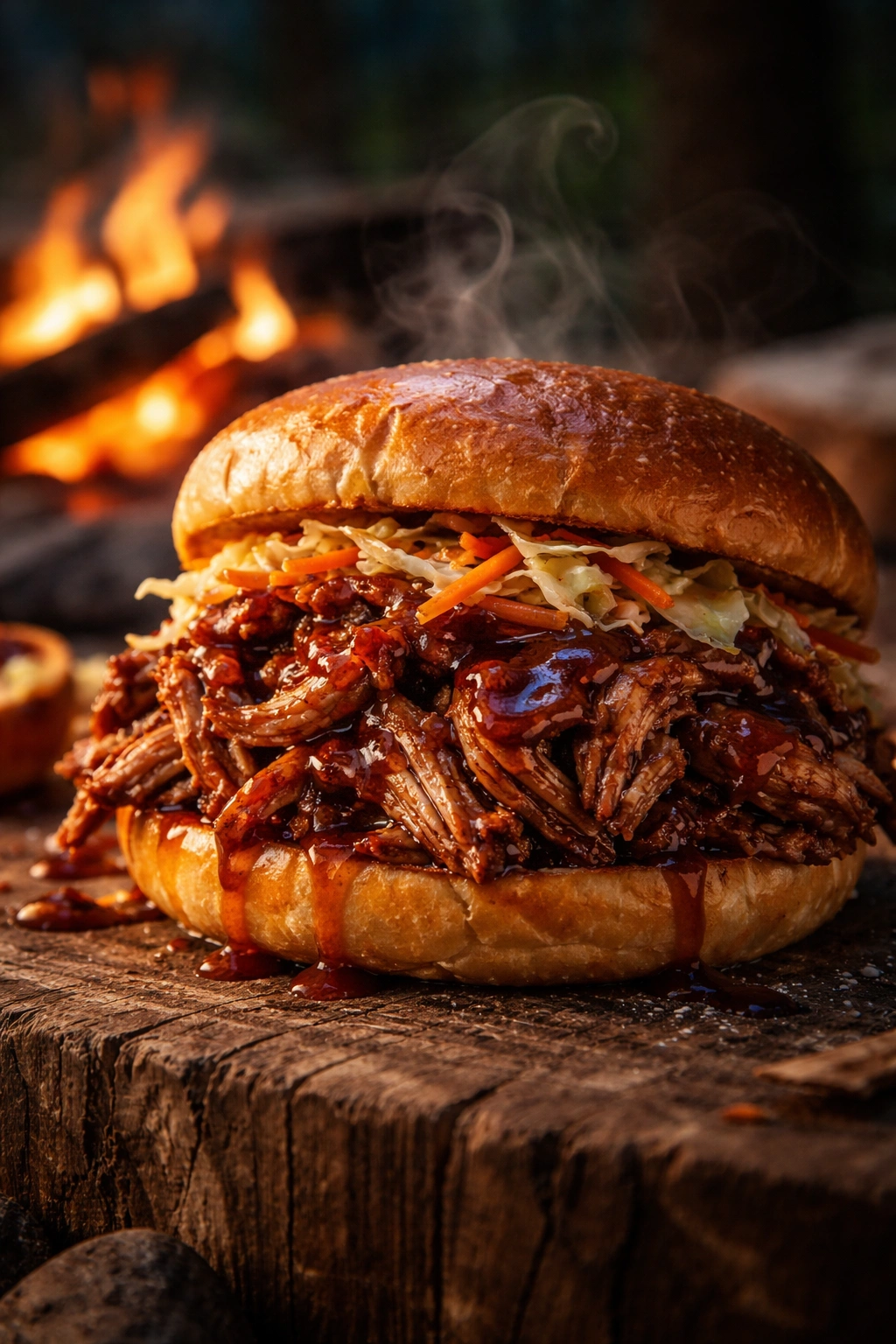 Close-up pulled pork sandwich on bun with BBQ sauce, campfire glow