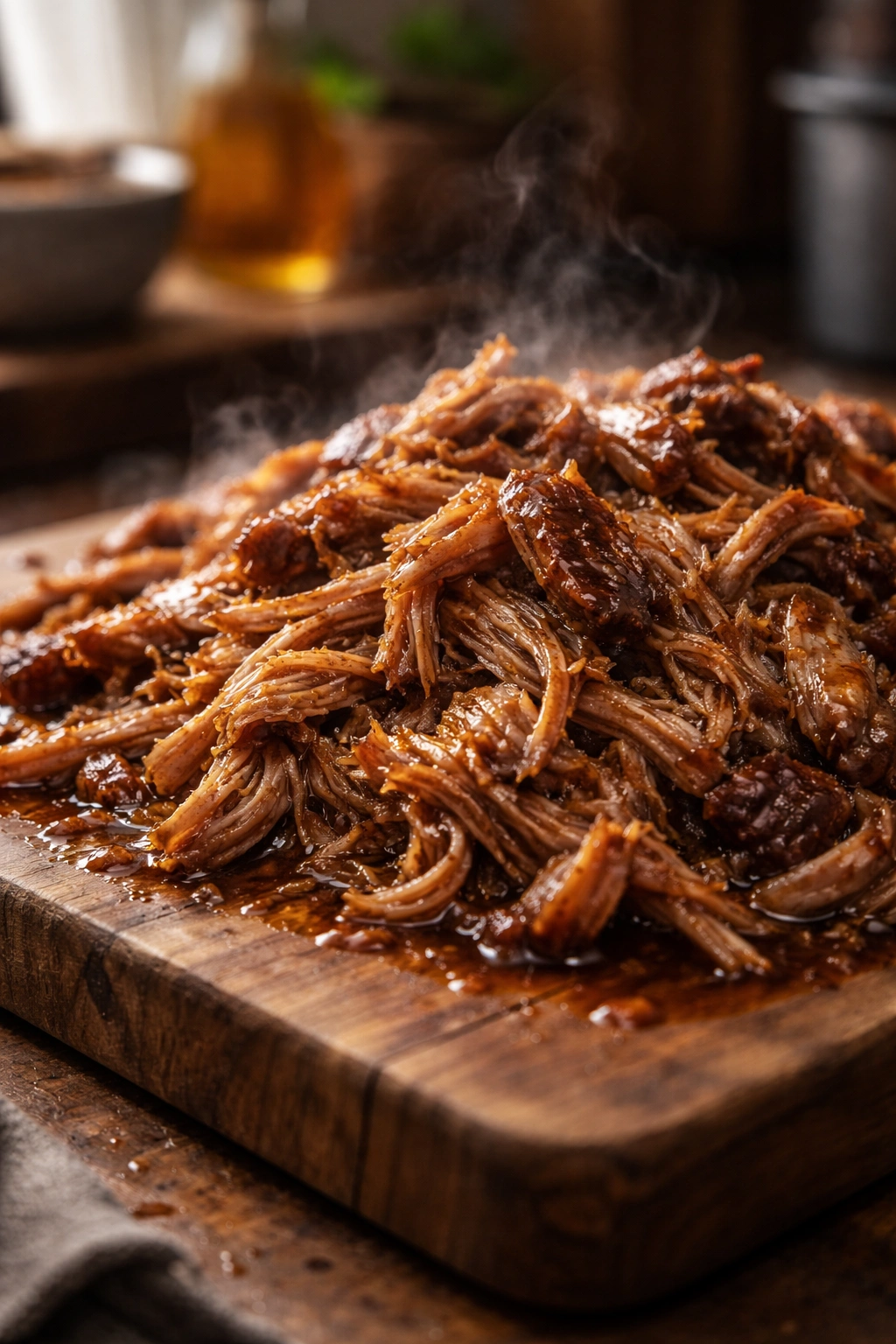 Close-up of tender pulled pork shreds on a wooden board ready to serve
