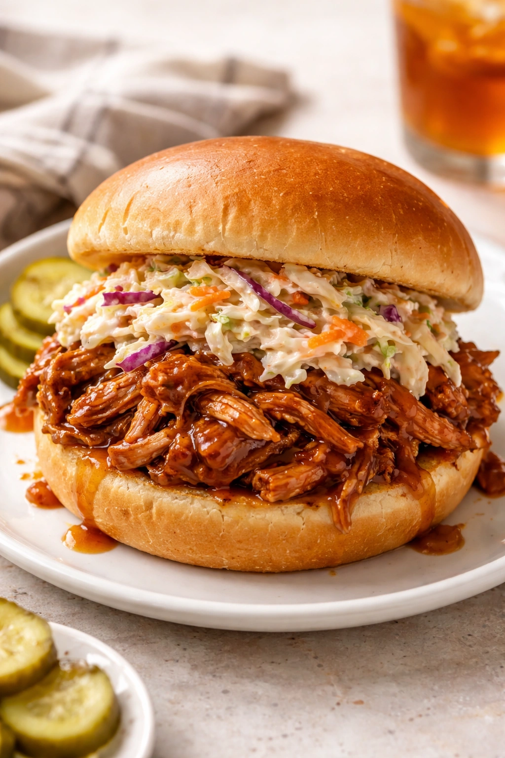 Pulled pork sandwich with coleslaw on a soft roll
