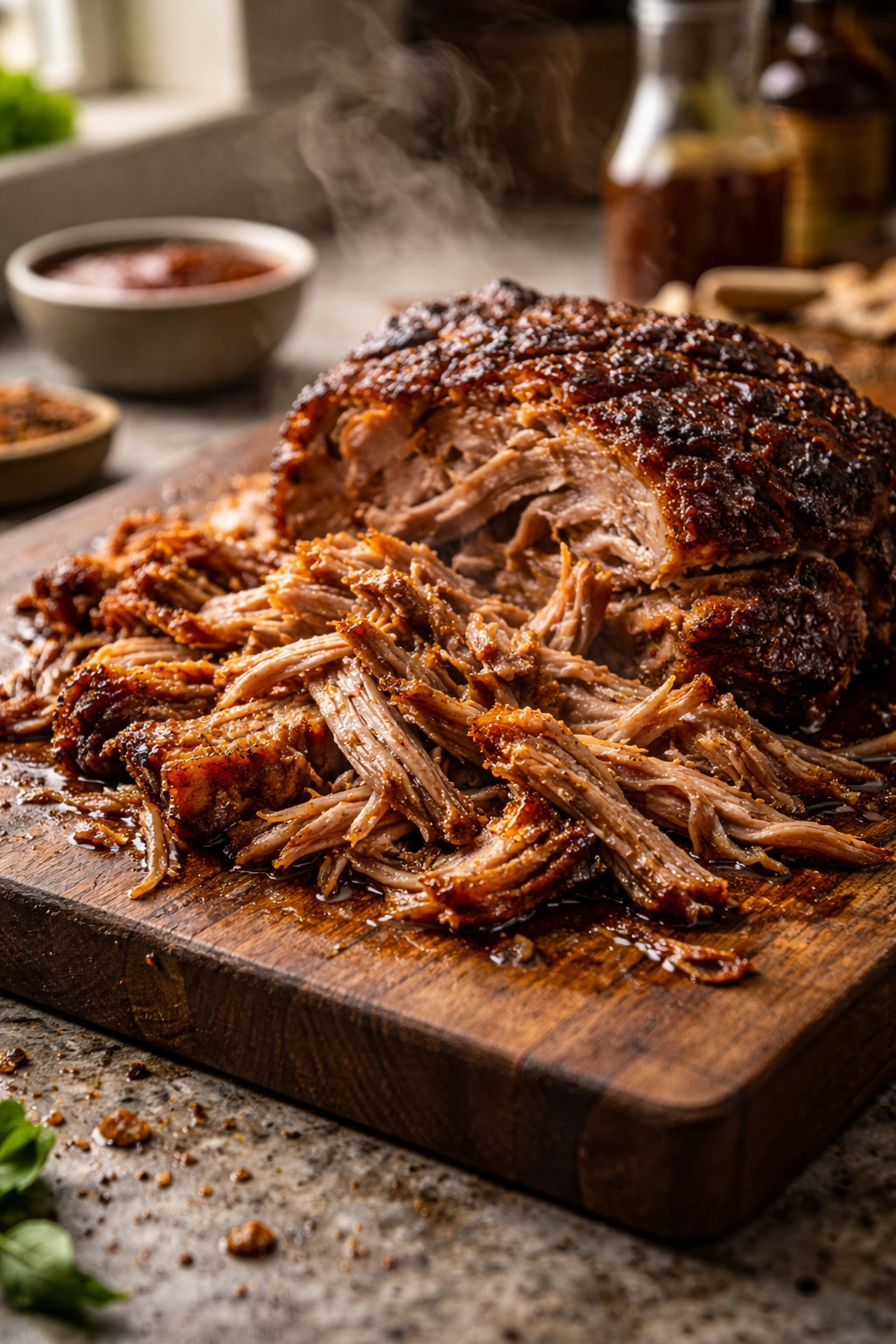 Close-up of fall-apart pulled pork on a wooden board, tender shreds steaming