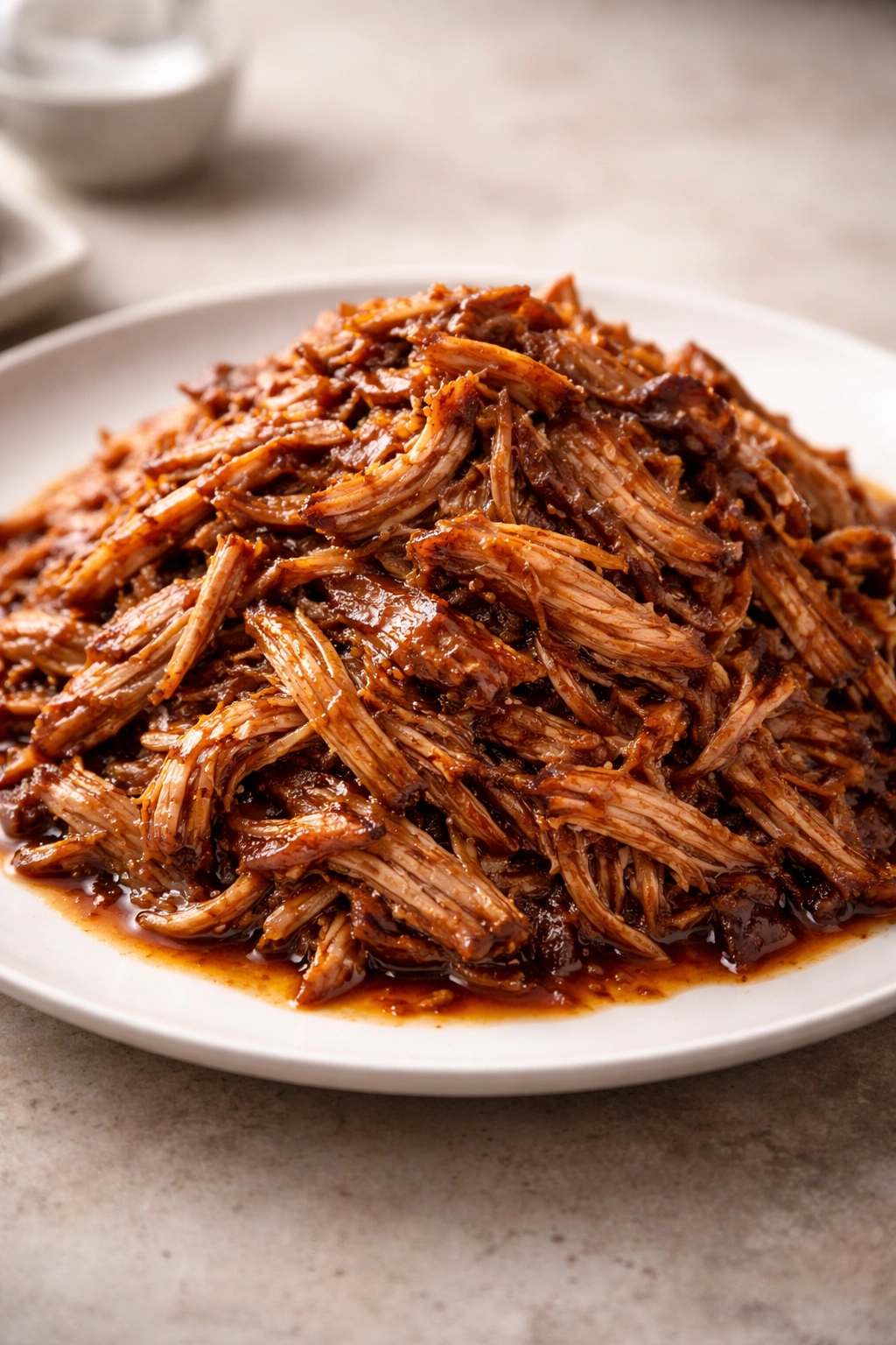 Pile of shredded pulled pork on a plate with a glossy finish
