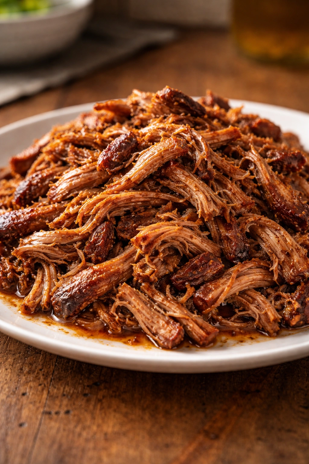 Shredded pulled pork showing moisture and rub on a plate