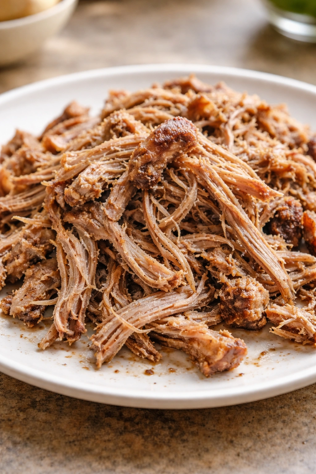Dry stringy pulled pork on plate illustrating common mistakes