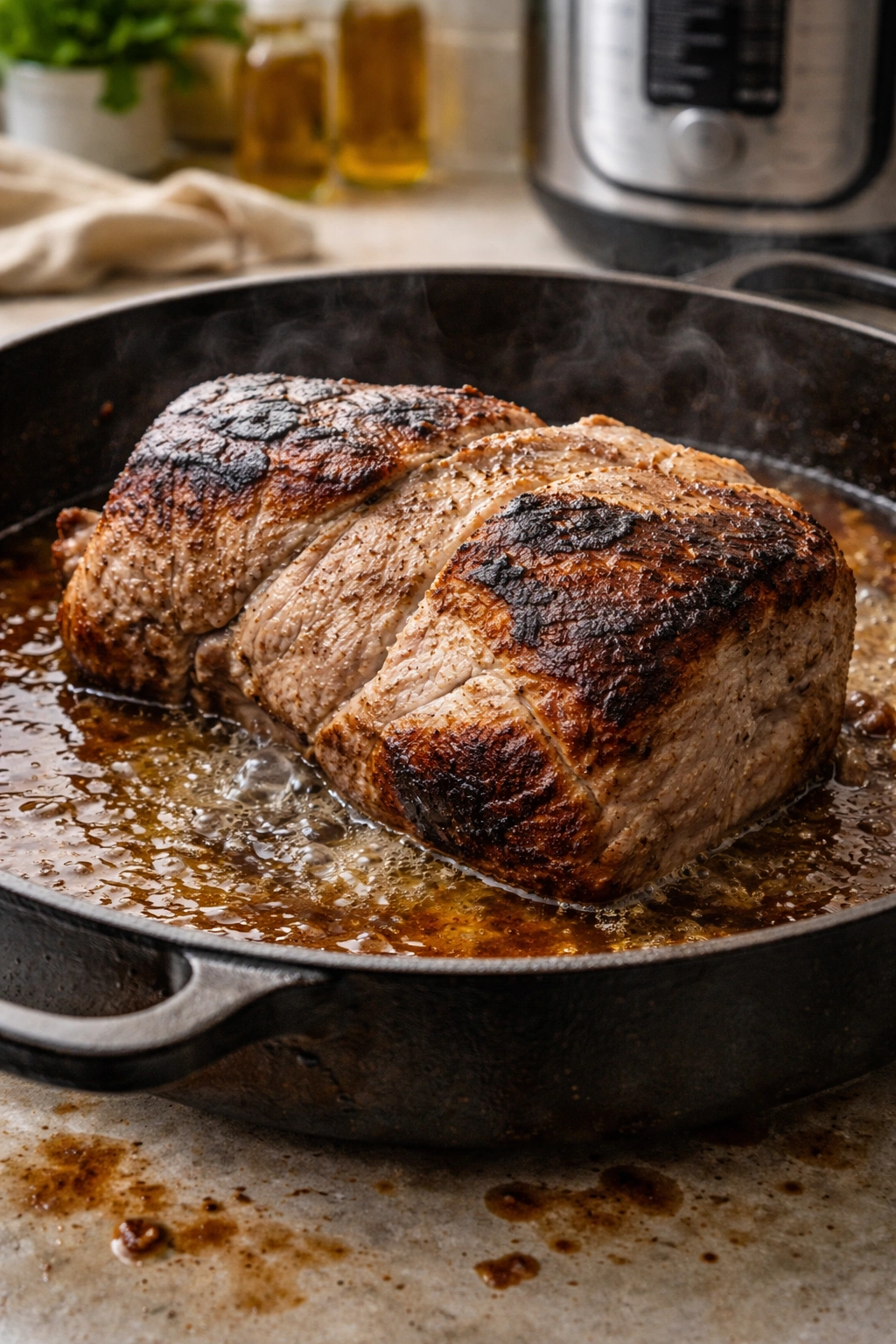 Pork piece in pan with uneven browning illustrating mistakes