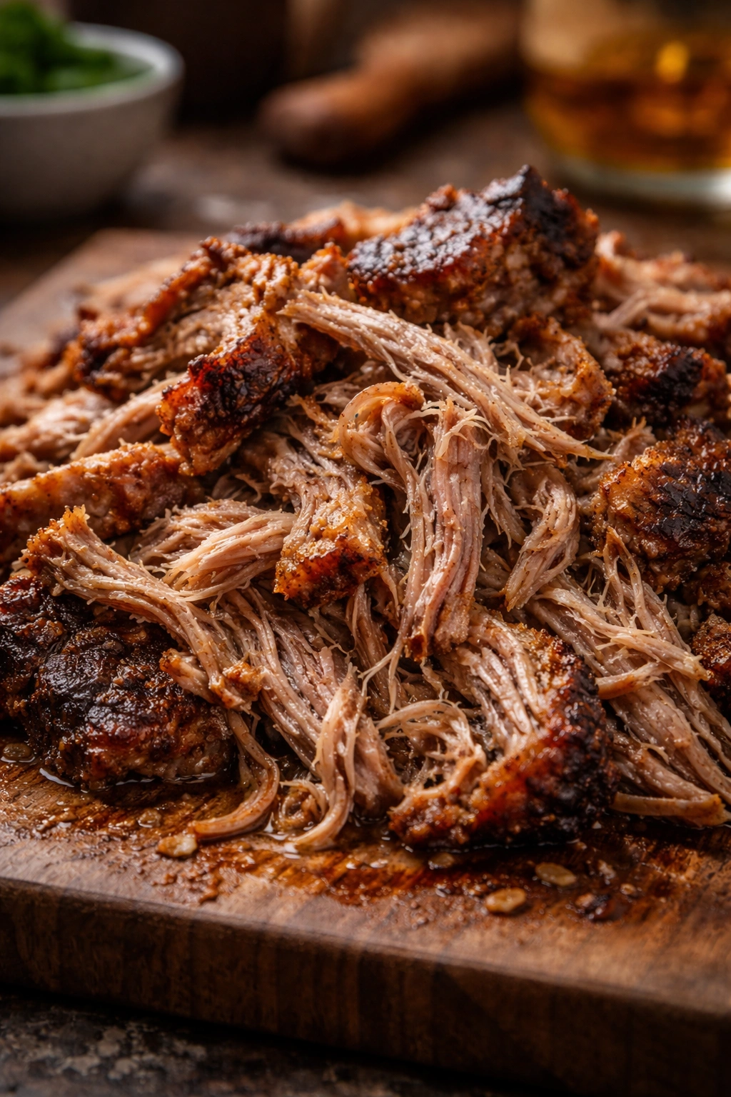 Pulled pork with uneven texture illustrating shredding mistakes