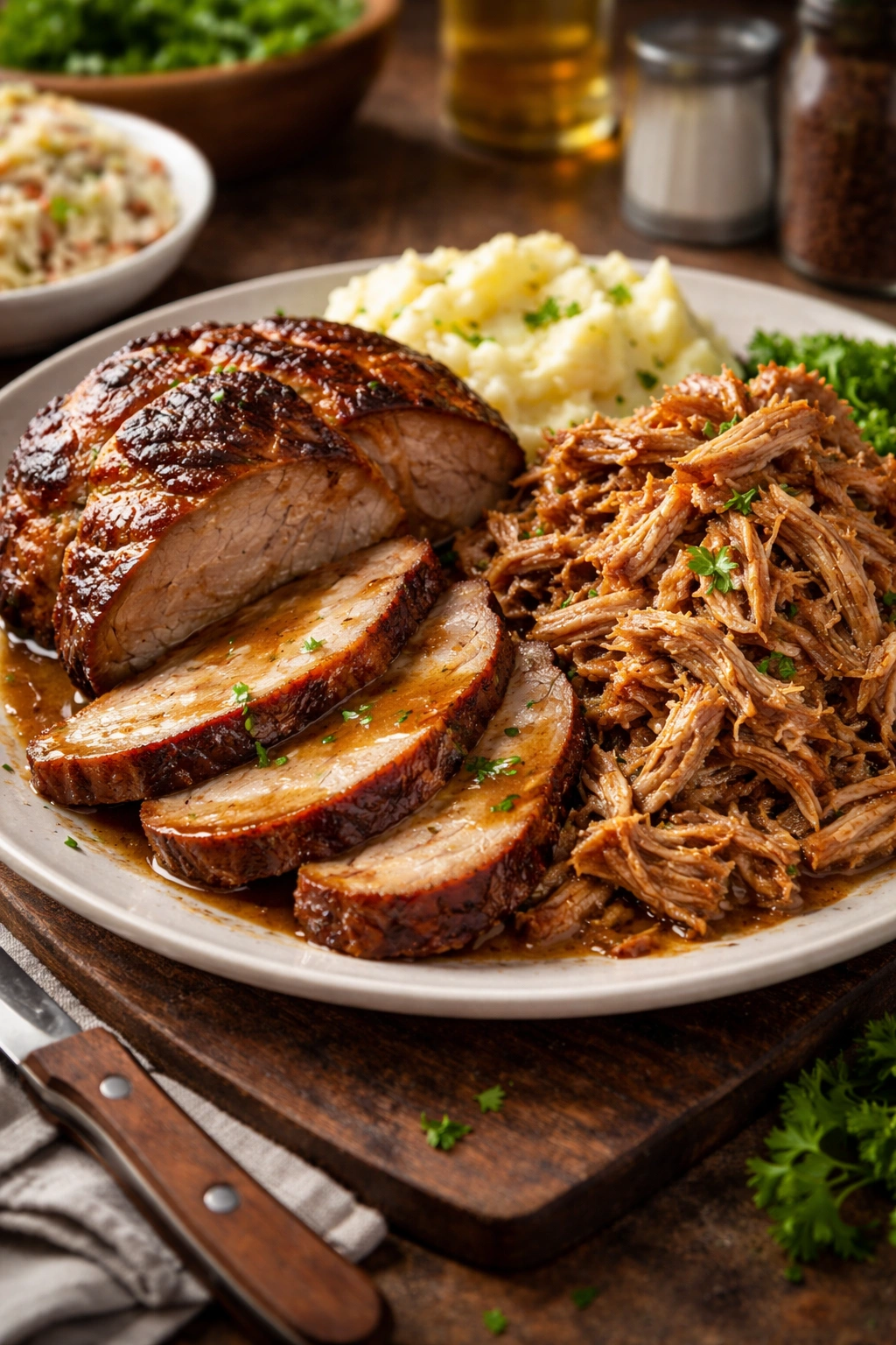 Plate with roasted pork and pulled pork