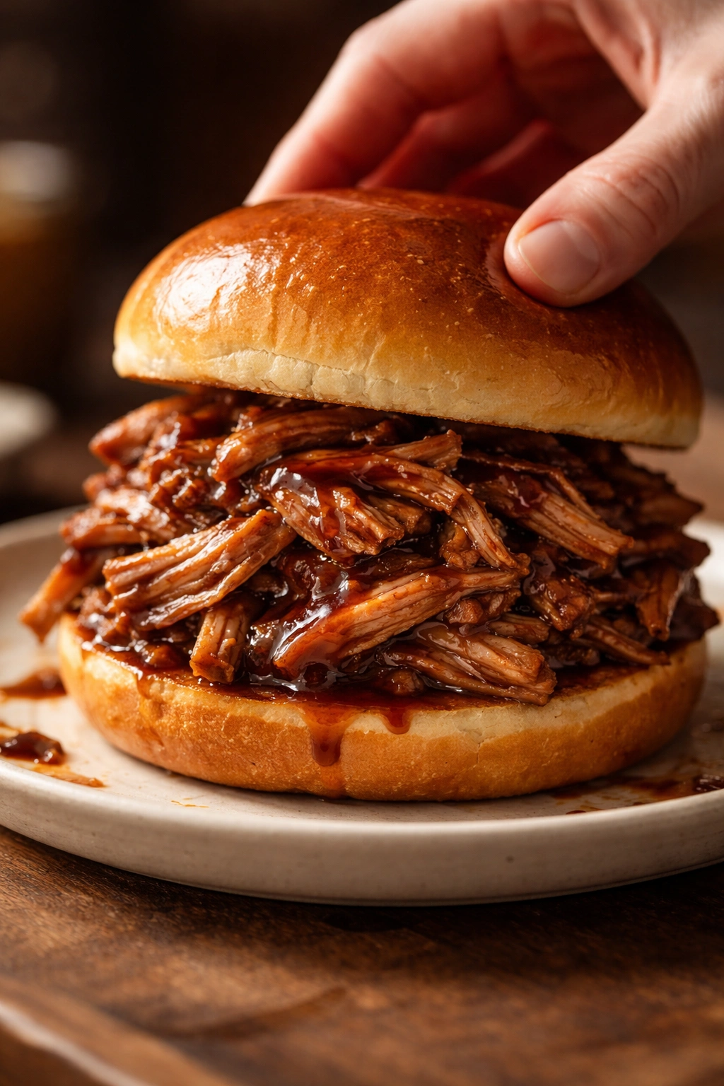 Pulled pork sandwich being assembled with sauce on a soft bun