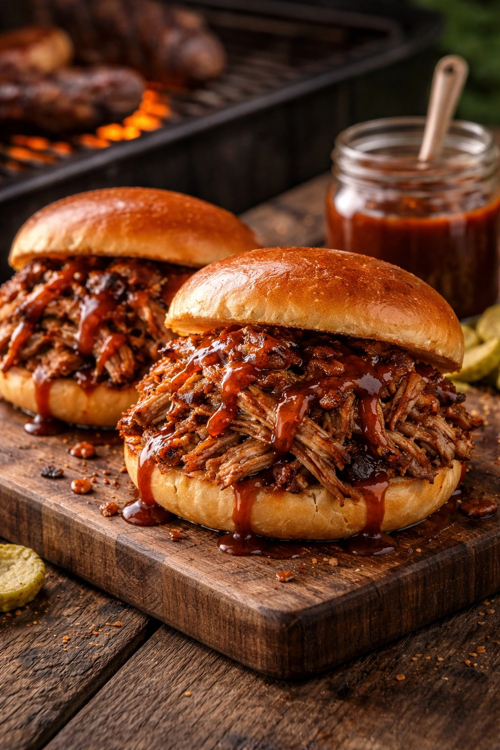 Pulled pork sandwich with sauce on bun on wooden board