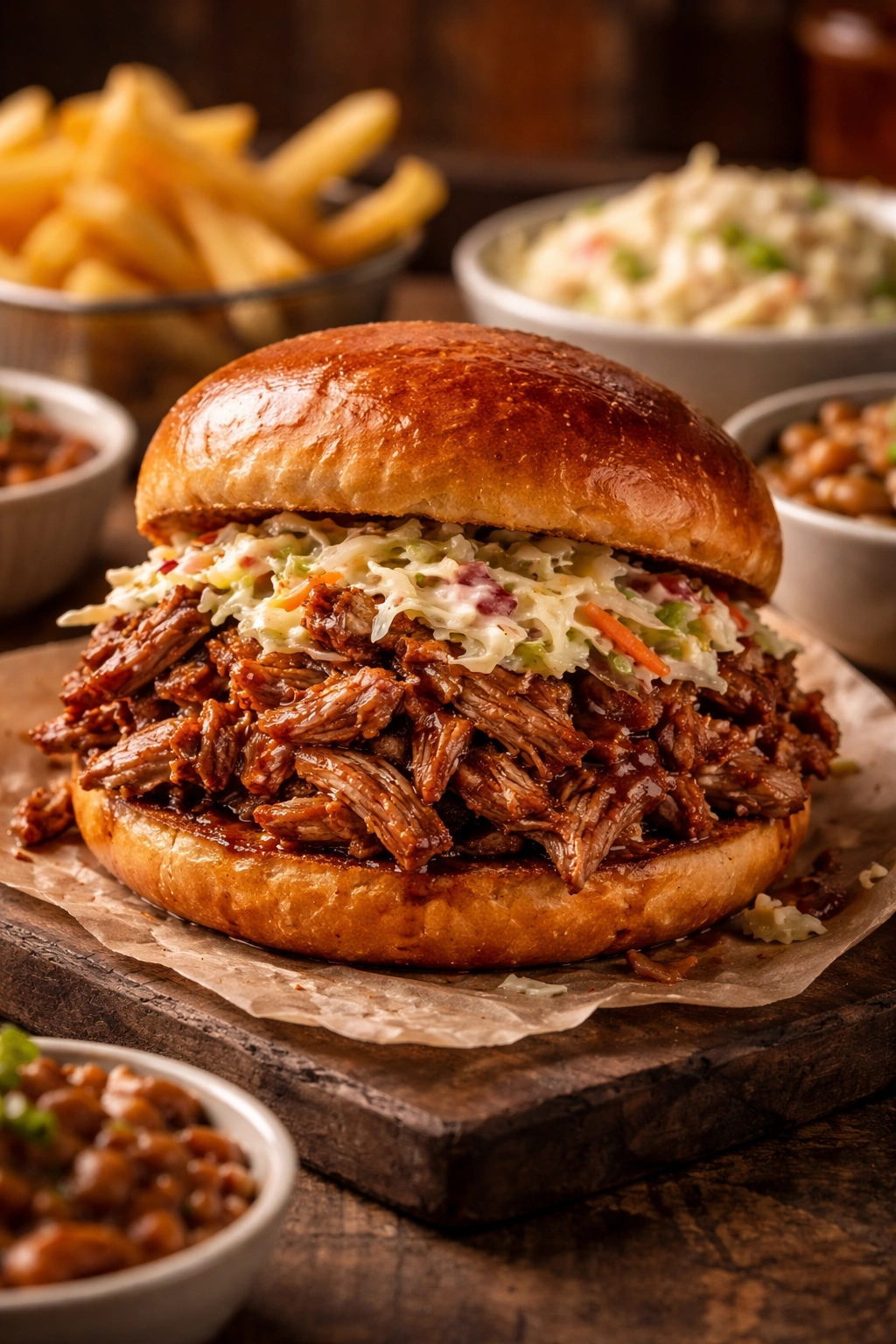 Pulled pork sandwich on brioche bun with coleslaw