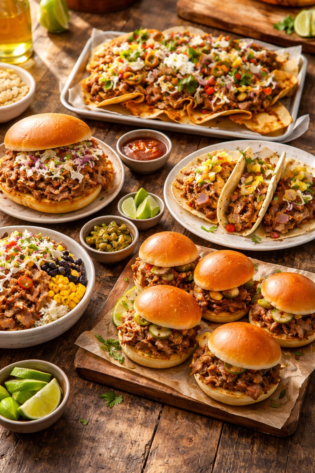Wide spread of pulled pork dishes including sandwiches, tacos, nachos, sliders, and bowls on a rustic table