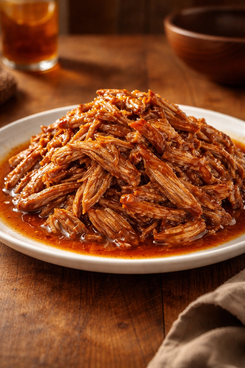 Shredded pork with glossy sauce on plate