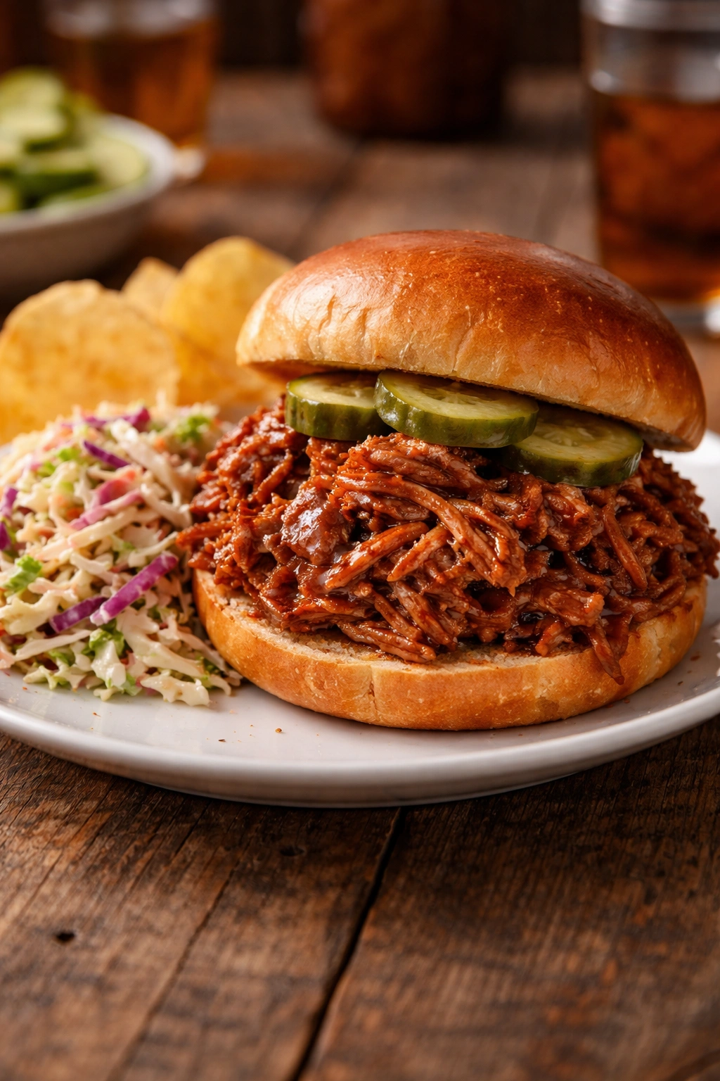 Pulled pork sandwich with slaw plated for serving
