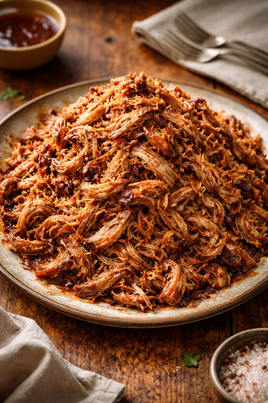 Large mound of shredded pork on rustic platter