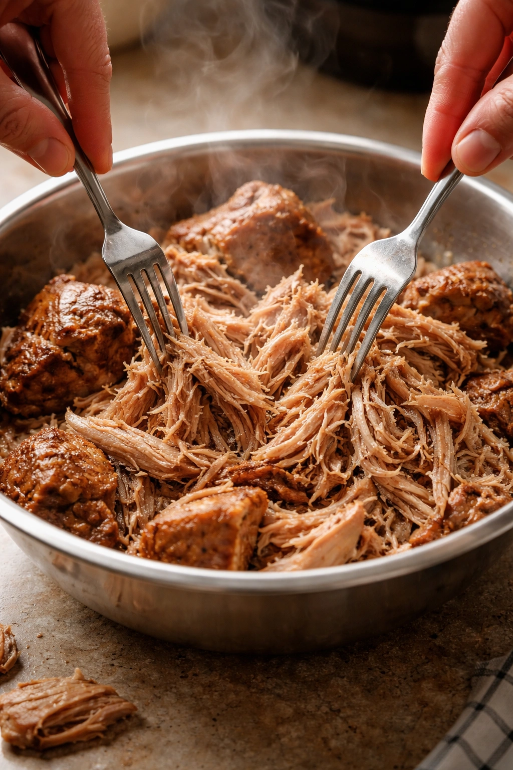 Close-up of pulled pork being shredded with two forks in a large bowl