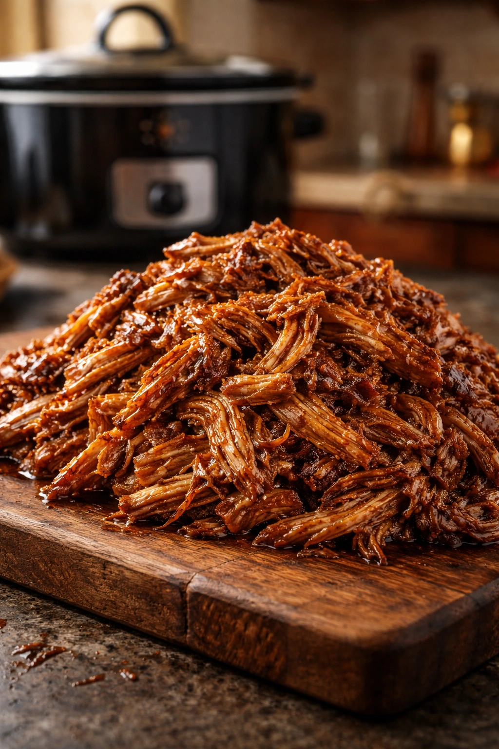 Close-up of glossy pulled pork on a wooden board with a slow cooker in the background