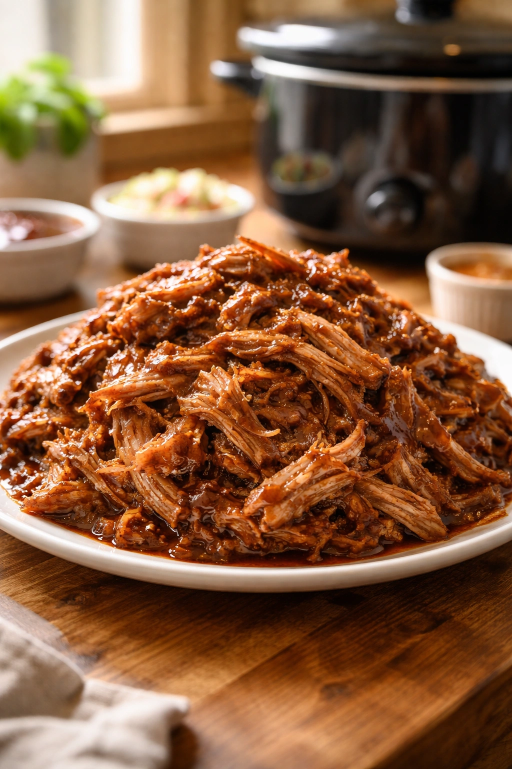 Shredded pulled pork on a plate with BBQ sauce
