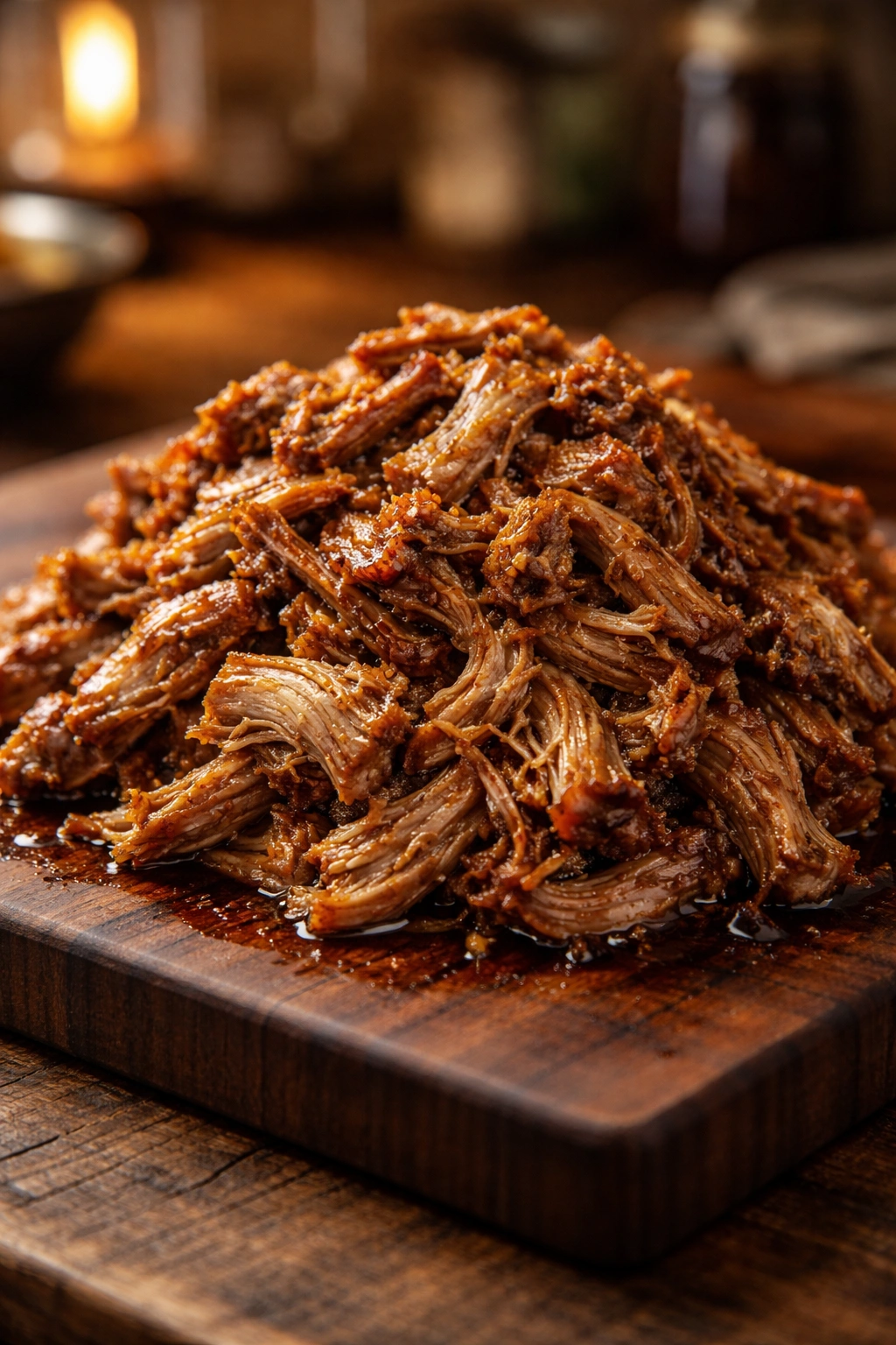 Close-up of tender pulled pork on a wooden board, glossy and juicy.
