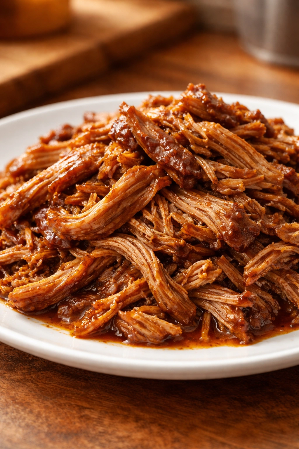 Close-up of shredded pulled pork on plate highlighting moist, smoky texture