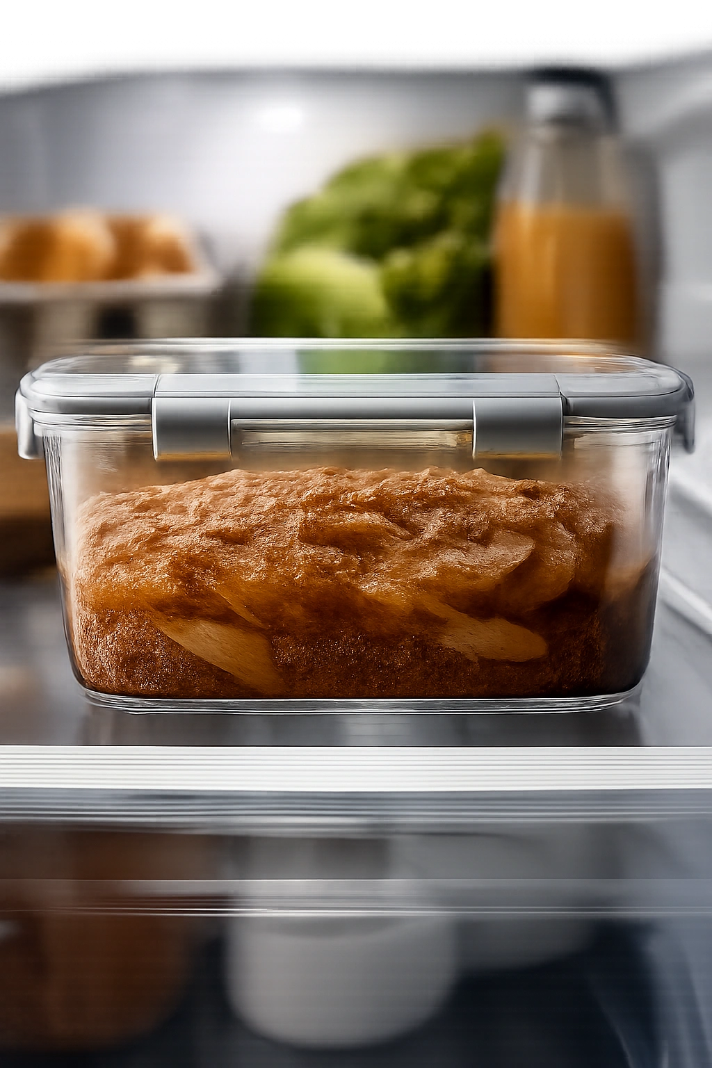 Airtight container of pulled pork in the fridge with braising liquid