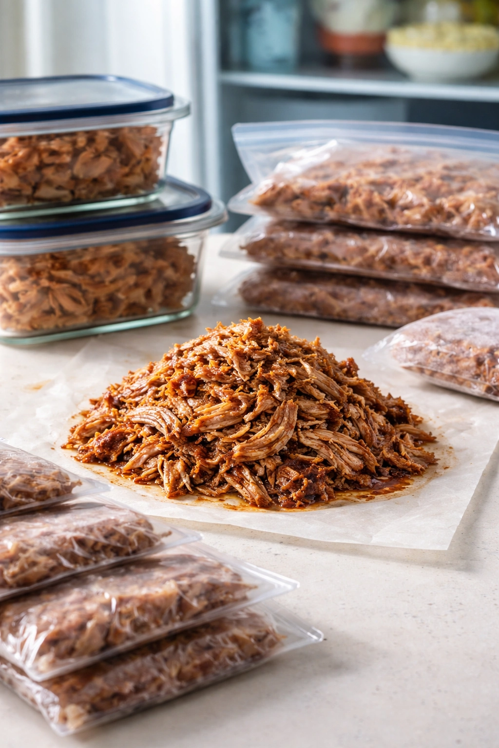 Pulled pork portion ready for storage in clean setting