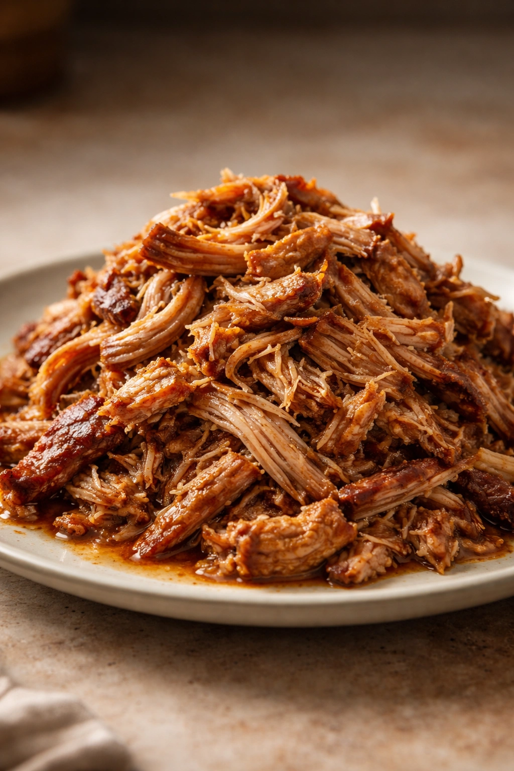 Close-up of glossy pulled pork strands ready to shred