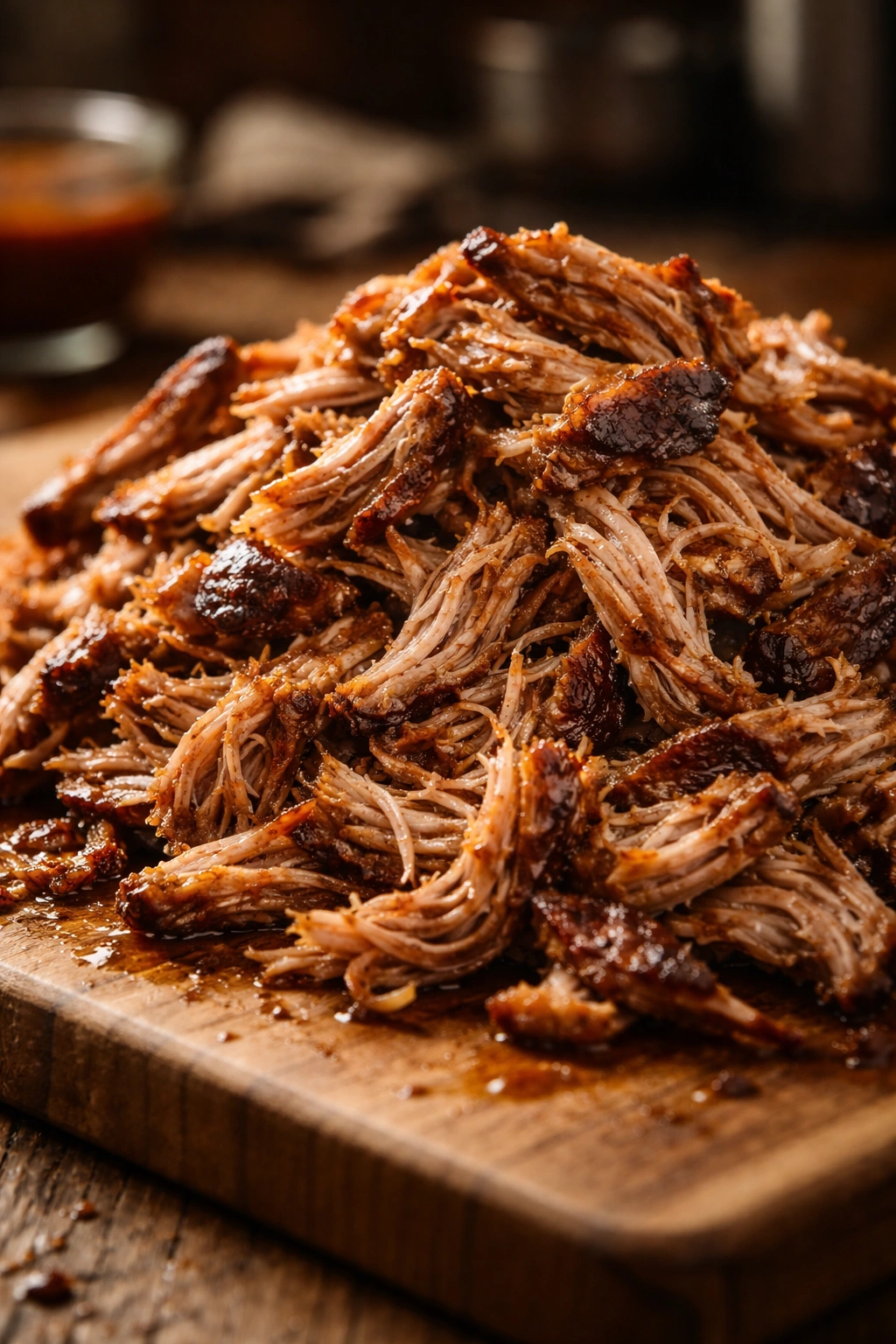 Close-up of perfectly pulled pork with even shredding and shine