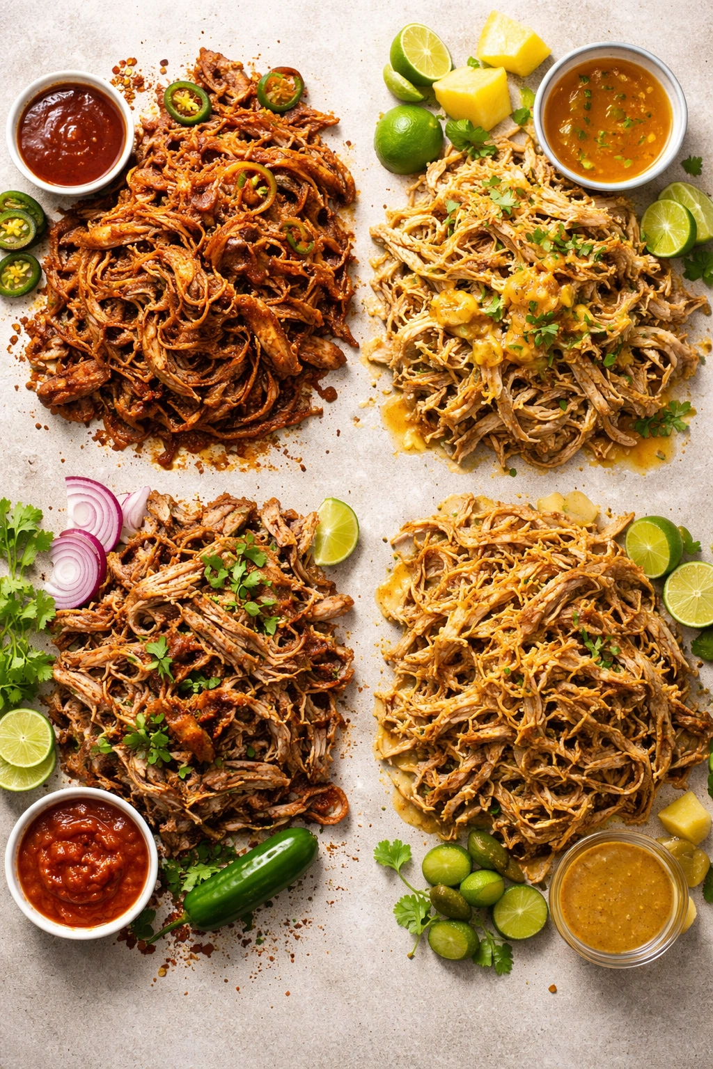 Pulled pork with varied glaze tones suggesting flavor variations