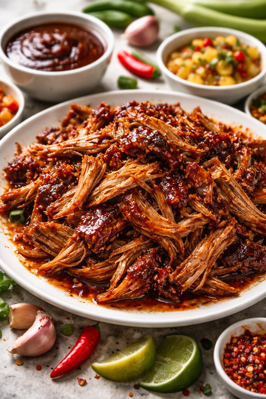 Glossy glazed pulled pork suggesting bold flavor variations