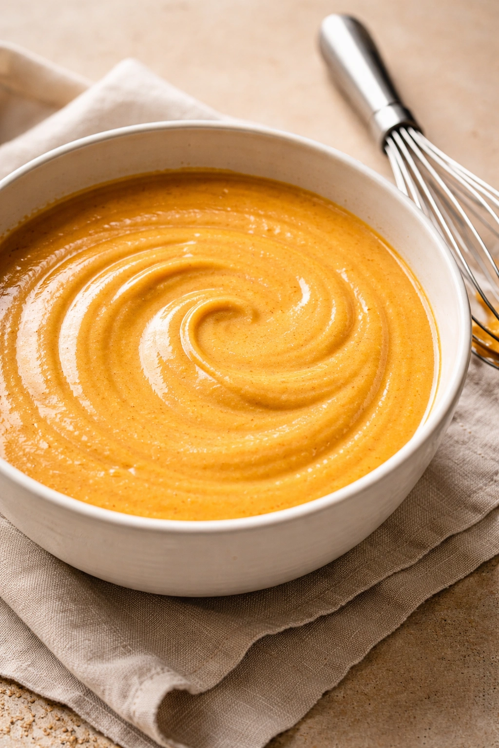 Creamy pumpkin custard in a bowl with a whisk