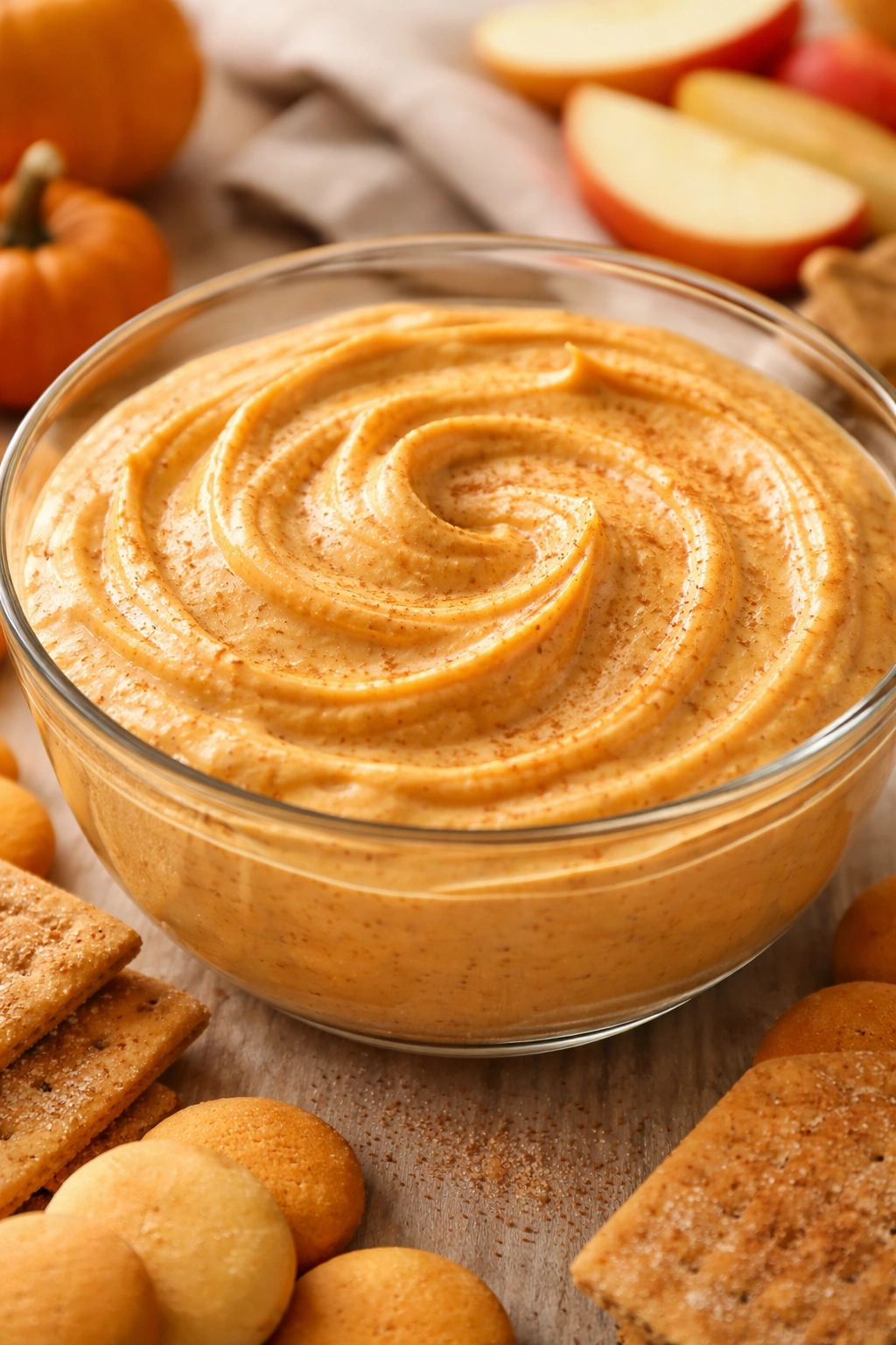 Close-up of creamy pumpkin dip in a glass bowl with warm lighting