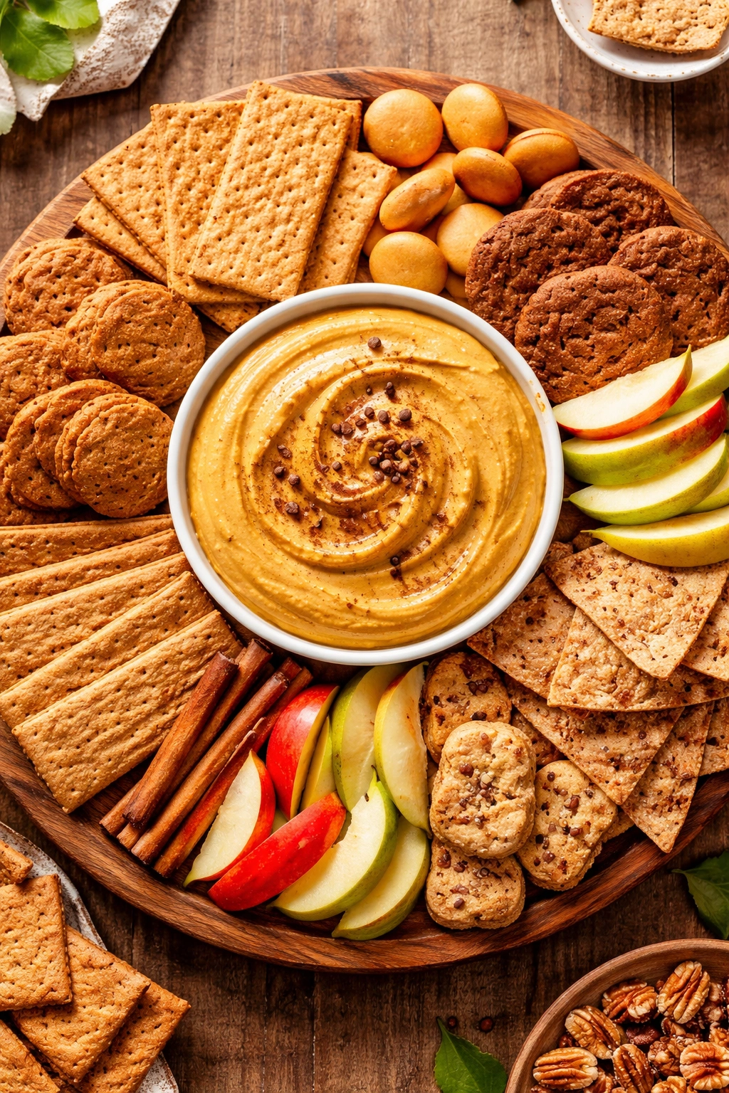 Assorted dippers arranged around a bowl of pumpkin dip on a wooden board