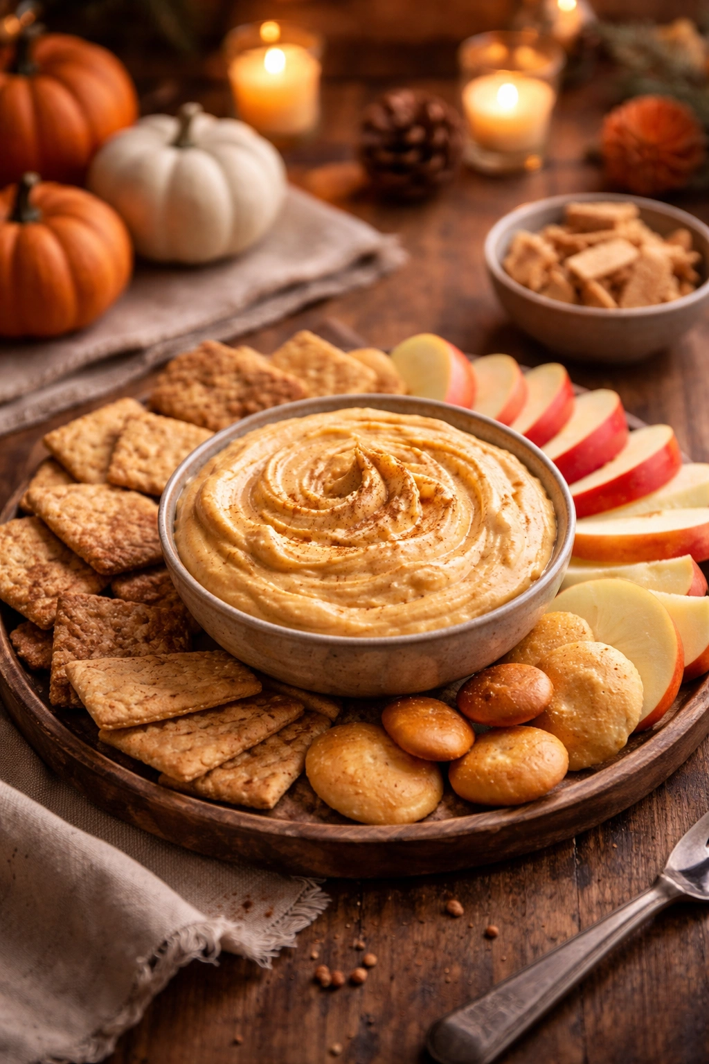 Pumpkin dip served on a cozy table with warm lighting for final thoughts