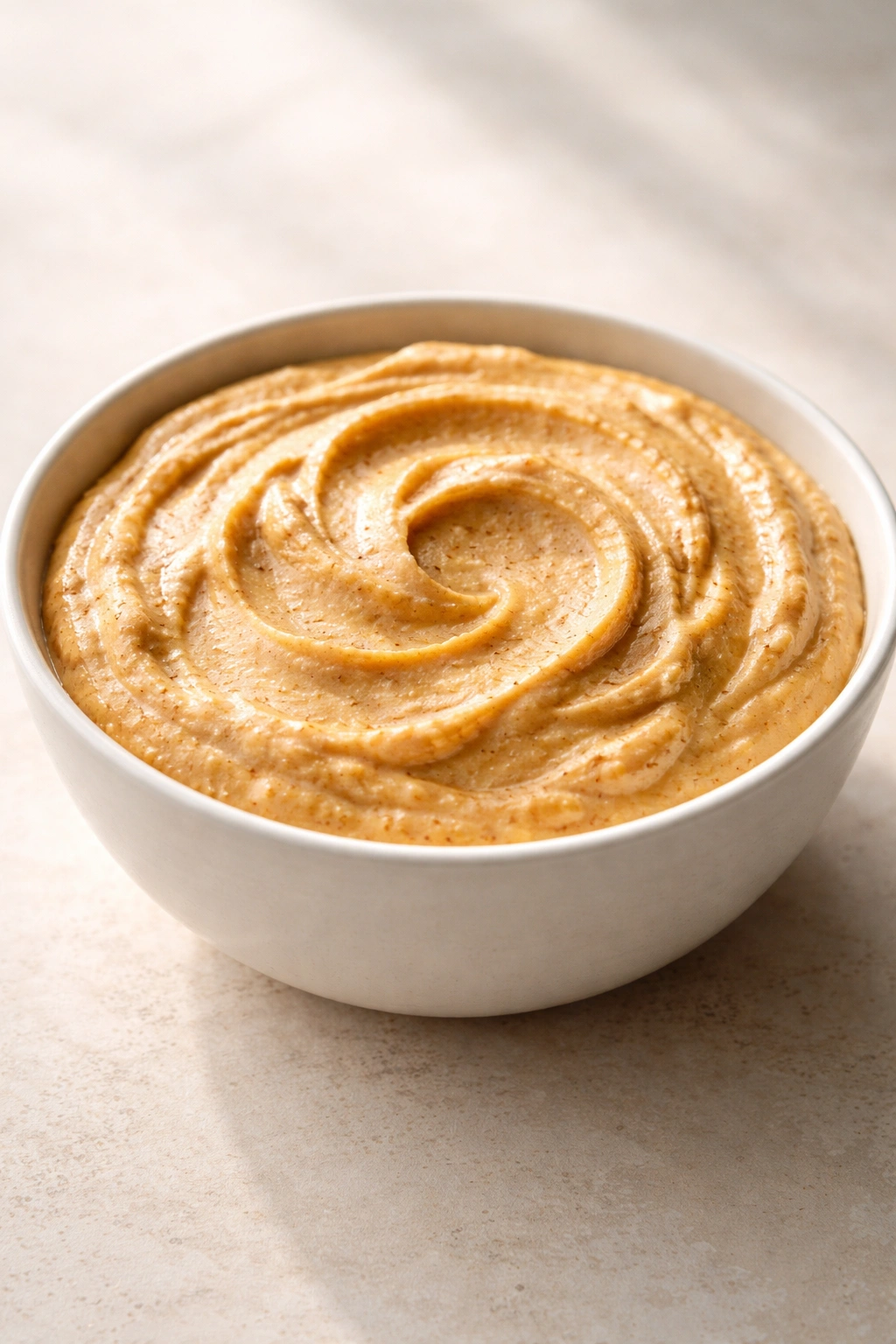 Creamy pumpkin dip in a bowl with natural light