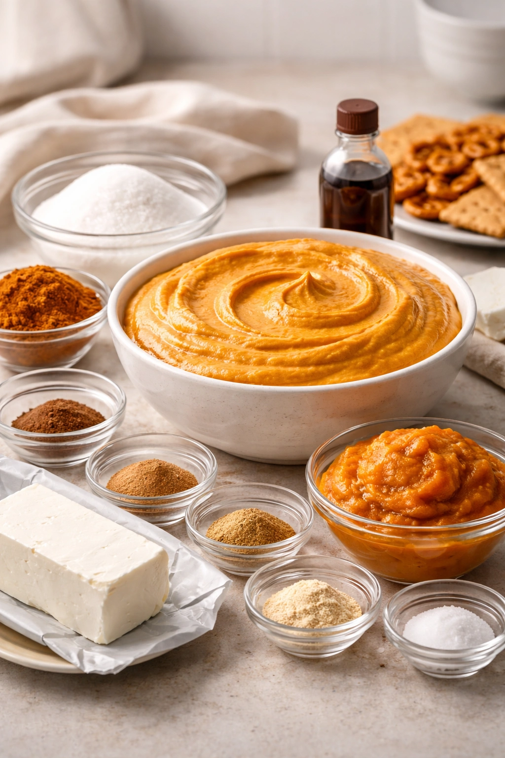 Glossy pumpkin dip with swirl in a bowl