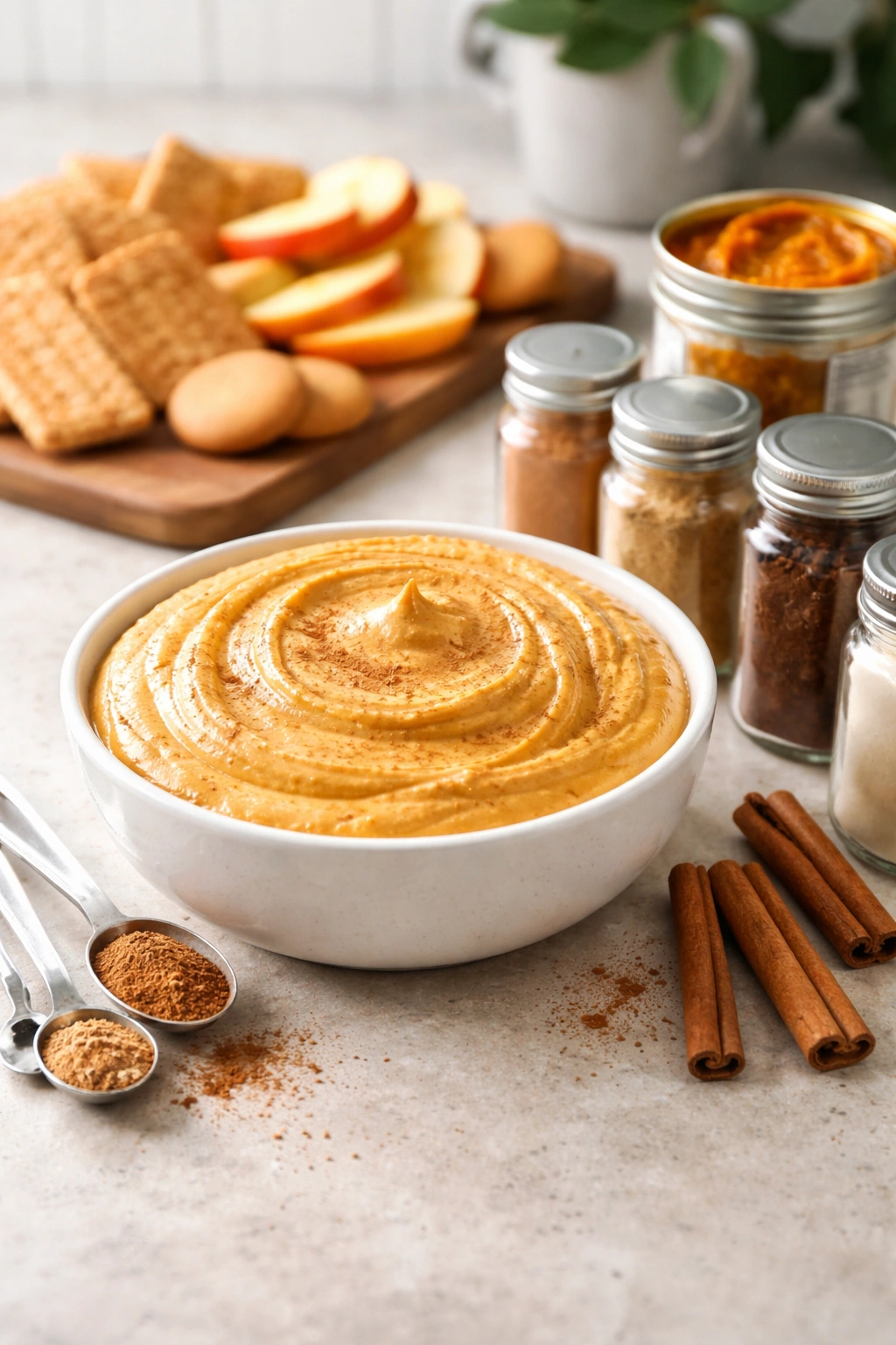 Pumpkin dip with spice jars on a neutral counter suggesting common questions