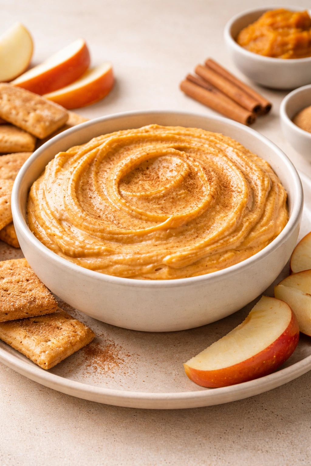 Minimalist bowl of pumpkin dip on a plain surface with soft shadow