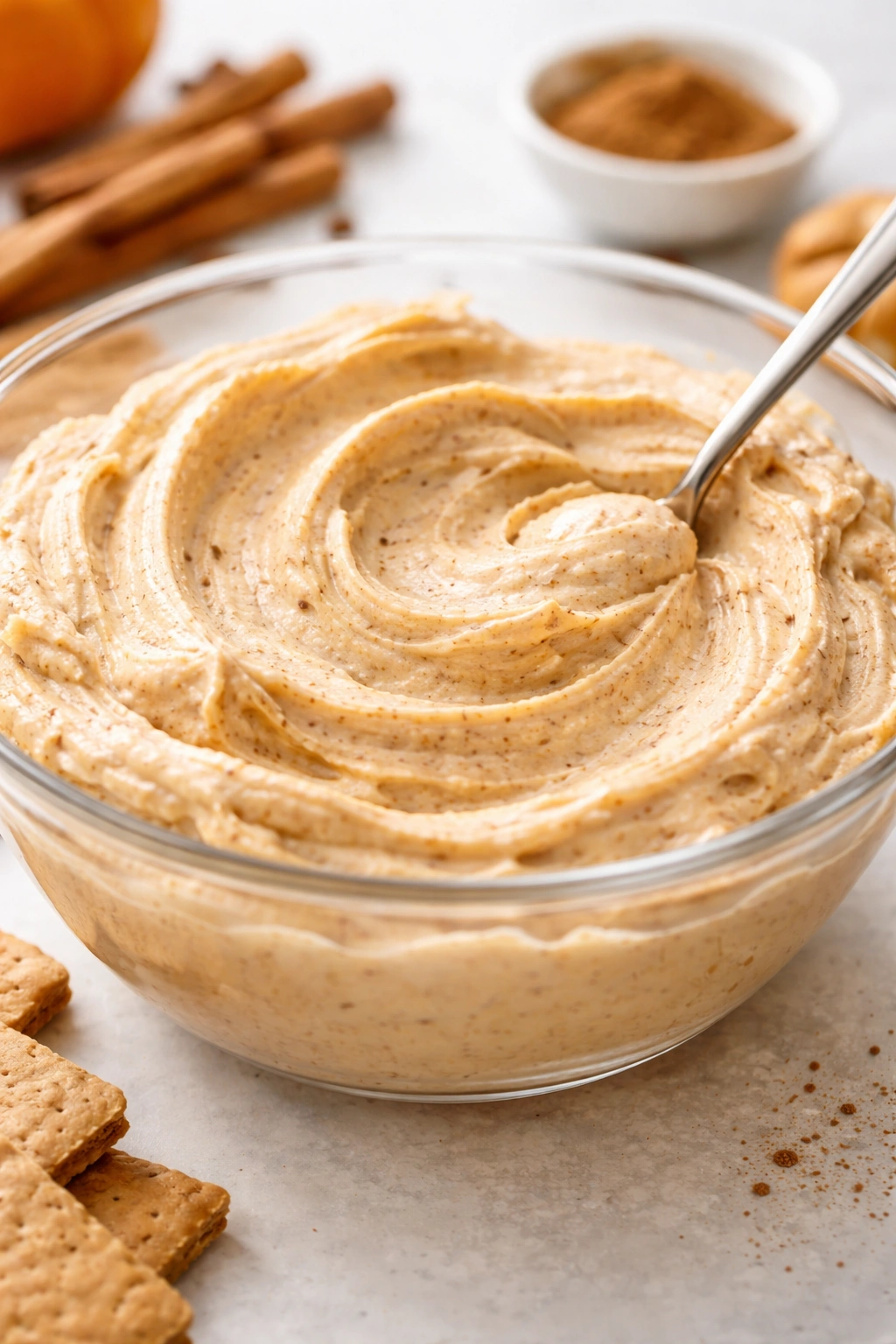 Fluffy pumpkin dip in a glass bowl with spoon