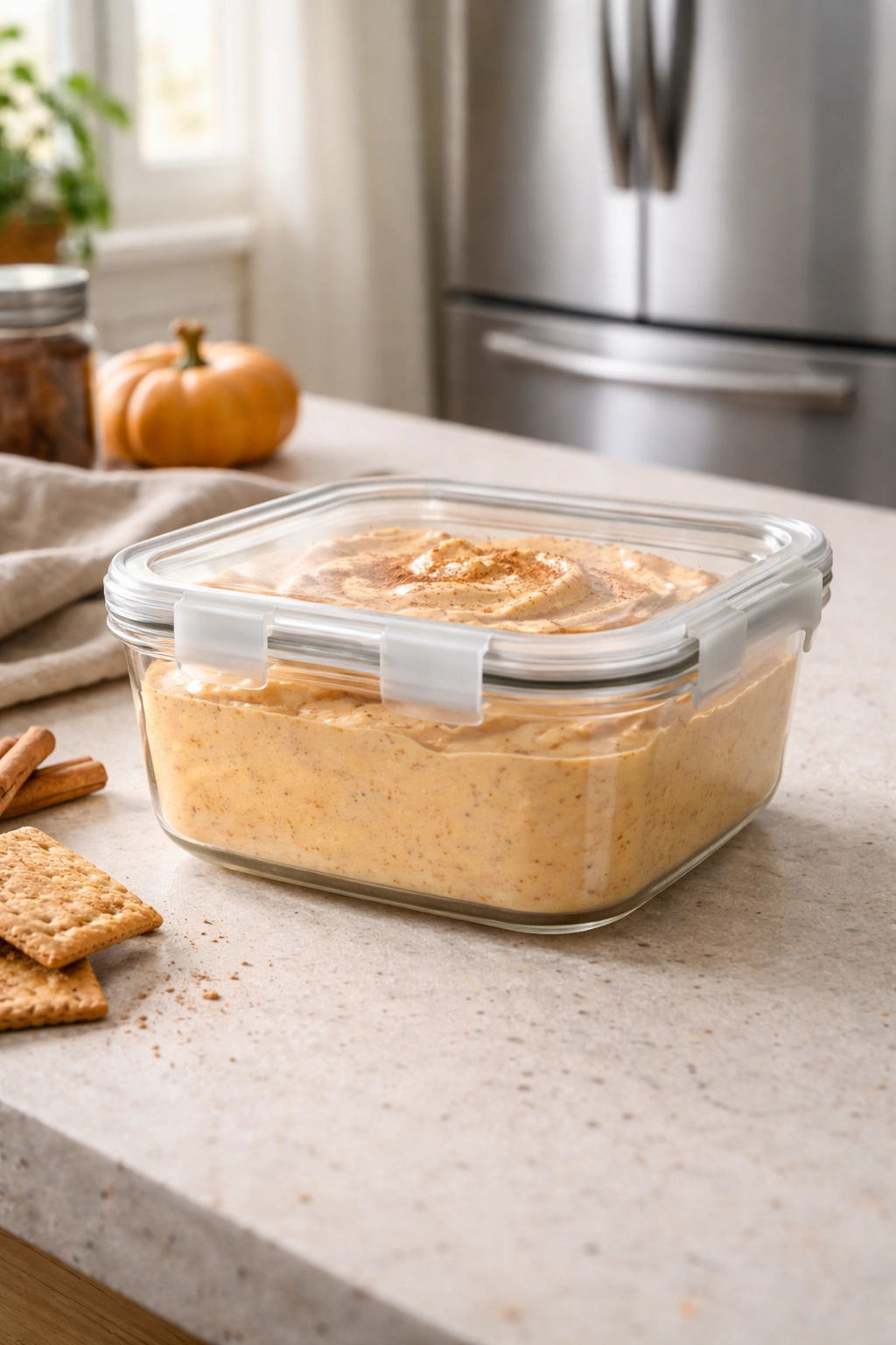 Pumpkin pie dip stored in an airtight container on a kitchen counter beside a fridge