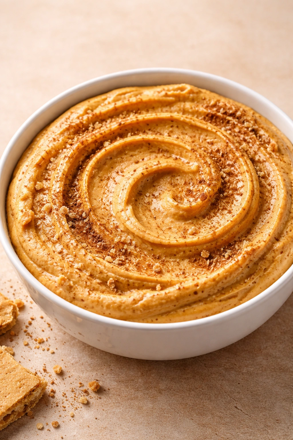 Smooth pumpkin dip with decorative swirl on plain background