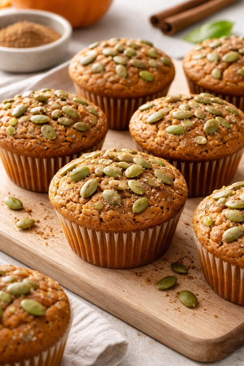 Pumpkin spice muffins with pepitas on pale board