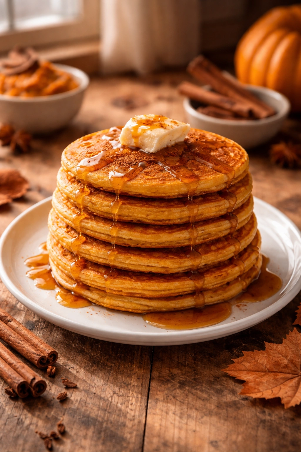 Fluffy pumpkin spice pancakes stacked on a plate with maple syrup in warm autumn light