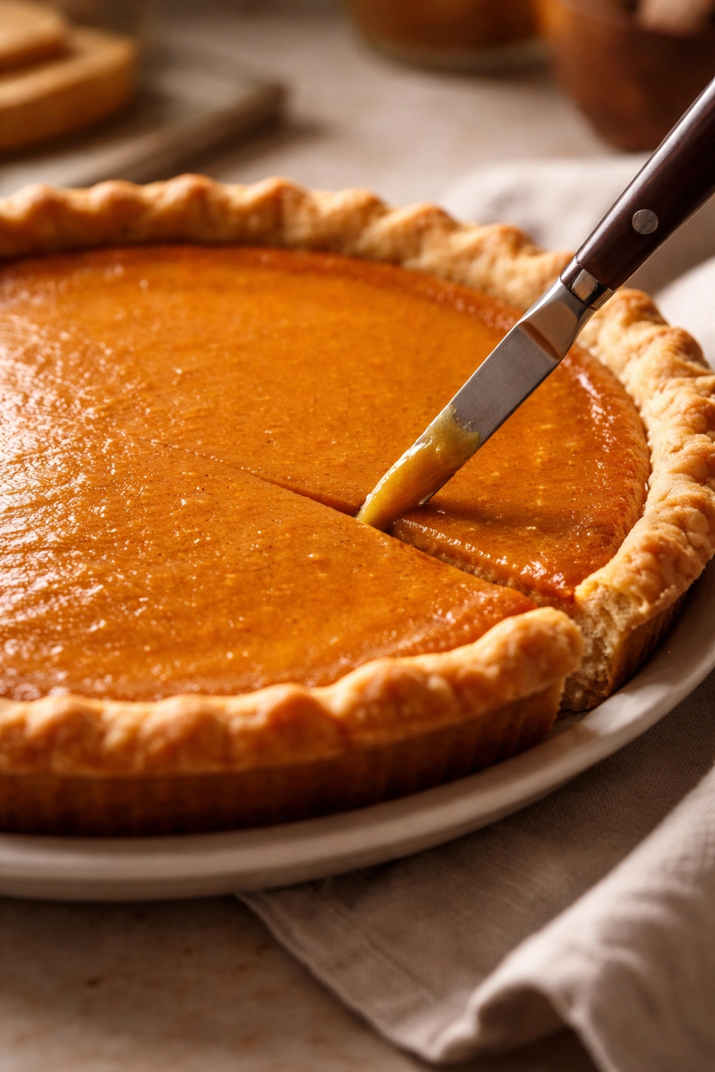 Paring knife testing pumpkin pie doneness at the edge