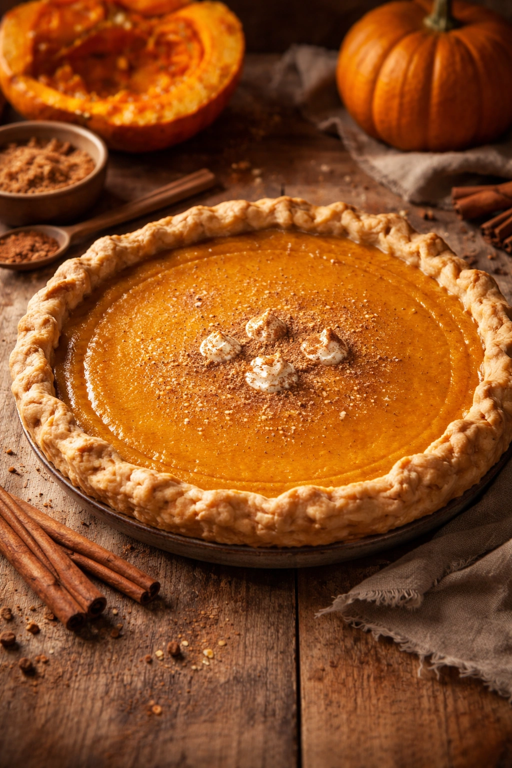 Close-up of a pumpkin pie on wood with a rustic crust