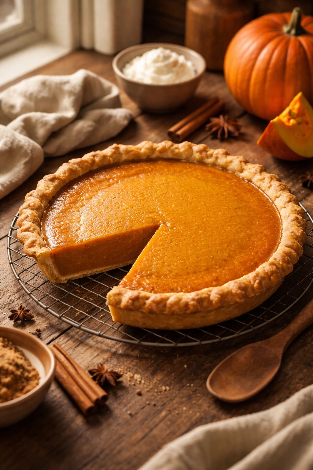 Whole pumpkin pie on wooden counter with a slice removed