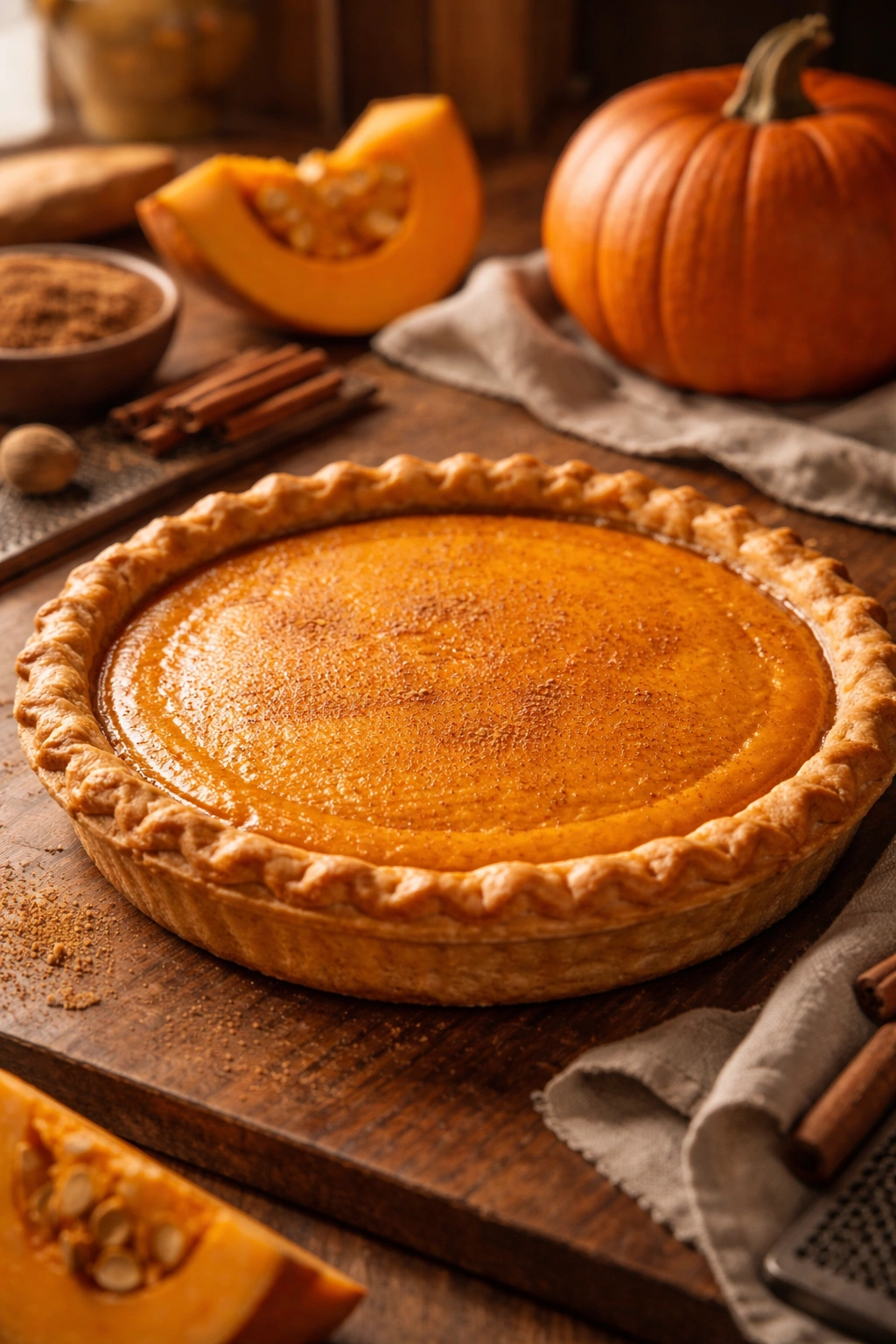 Close-up of a homemade pumpkin pie on a rustic wooden counter with warm lighting