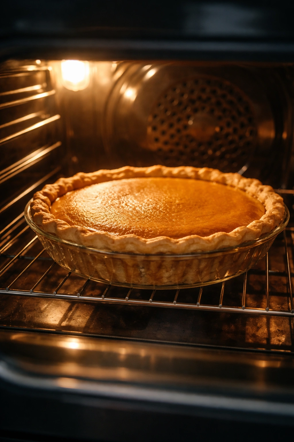 Pumpkin pie baking in an oven on a rack with warm light