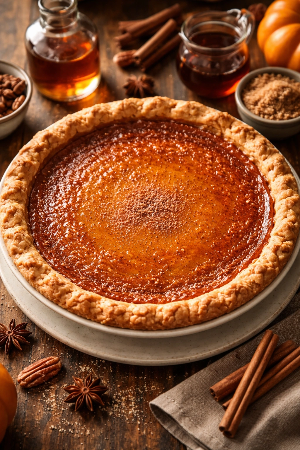 Pumpkin pie variation with maple and spice tones on surface